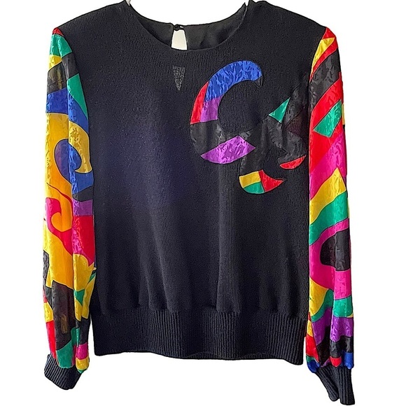 VINTAGE Gianna Black Knit Sweater with Bright Silky Print Sleeves & Applique 10 - Picture 1 of 8